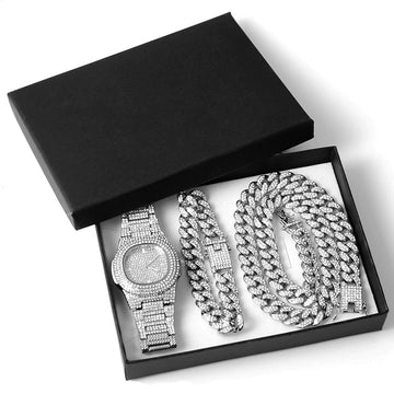 Full Iced Out Gold Necklace +Watch+Bracelet Miami Curb Cuban Chain